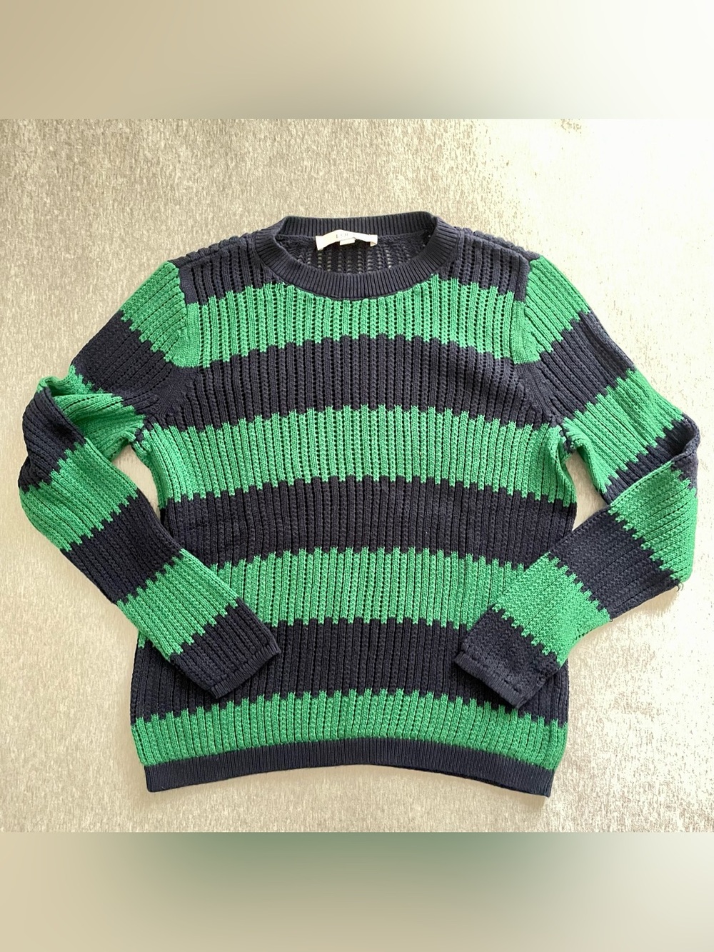Ann Taylor LOFT Women’s Size Large Navy and Green Striped Knit Crewneck Sweater